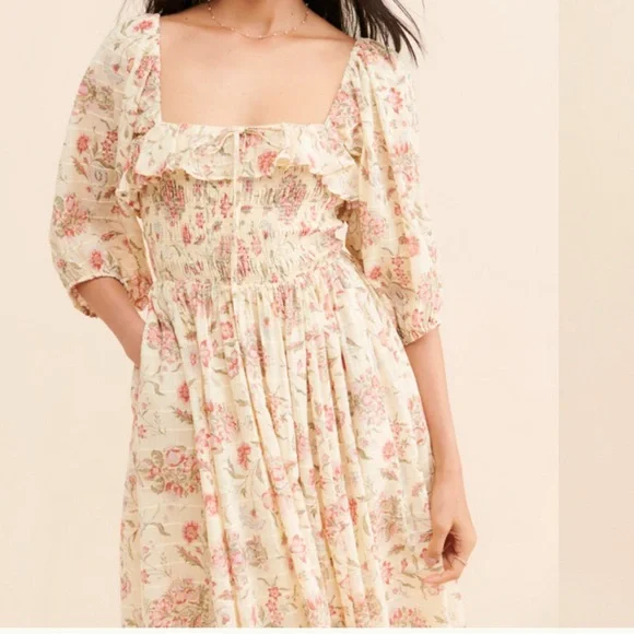 Free People Ethereal Oasis Midi Dress Ivory Floral Cottagecore Smocked Tiered S - Picture 5 of 6